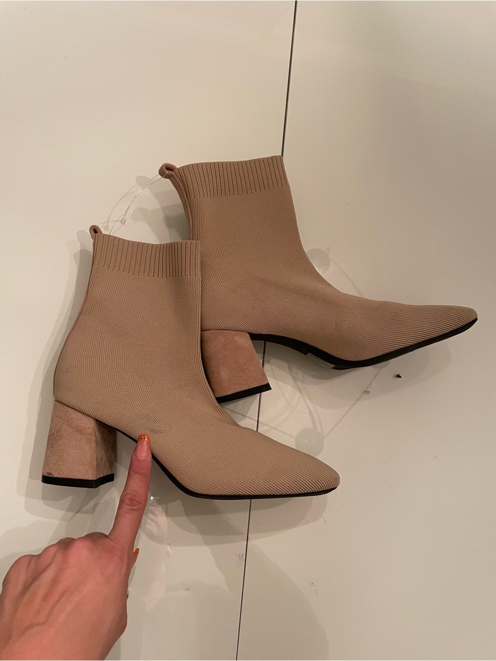 Women's Beige Knit Sock Booties with Block Heel